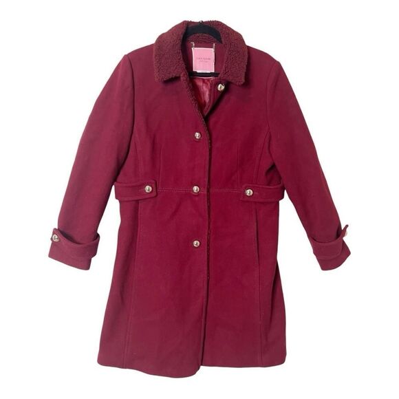 Kate Spade Faux Shearling Trim Lipstick Red Wool Blend Peacoat Size Large - Picture 4 of 14